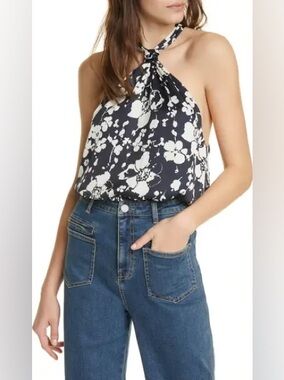 Floral Halter Neck Sleeveless Top - Navy/White